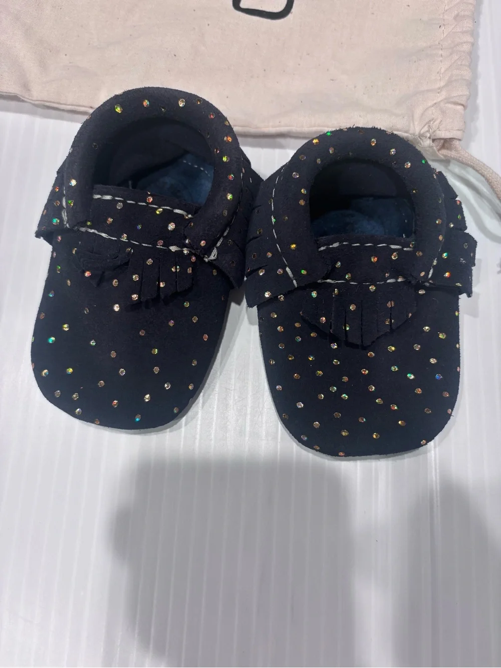 Freshly Picked Navy Moccasin Booties with Iridescent Studs